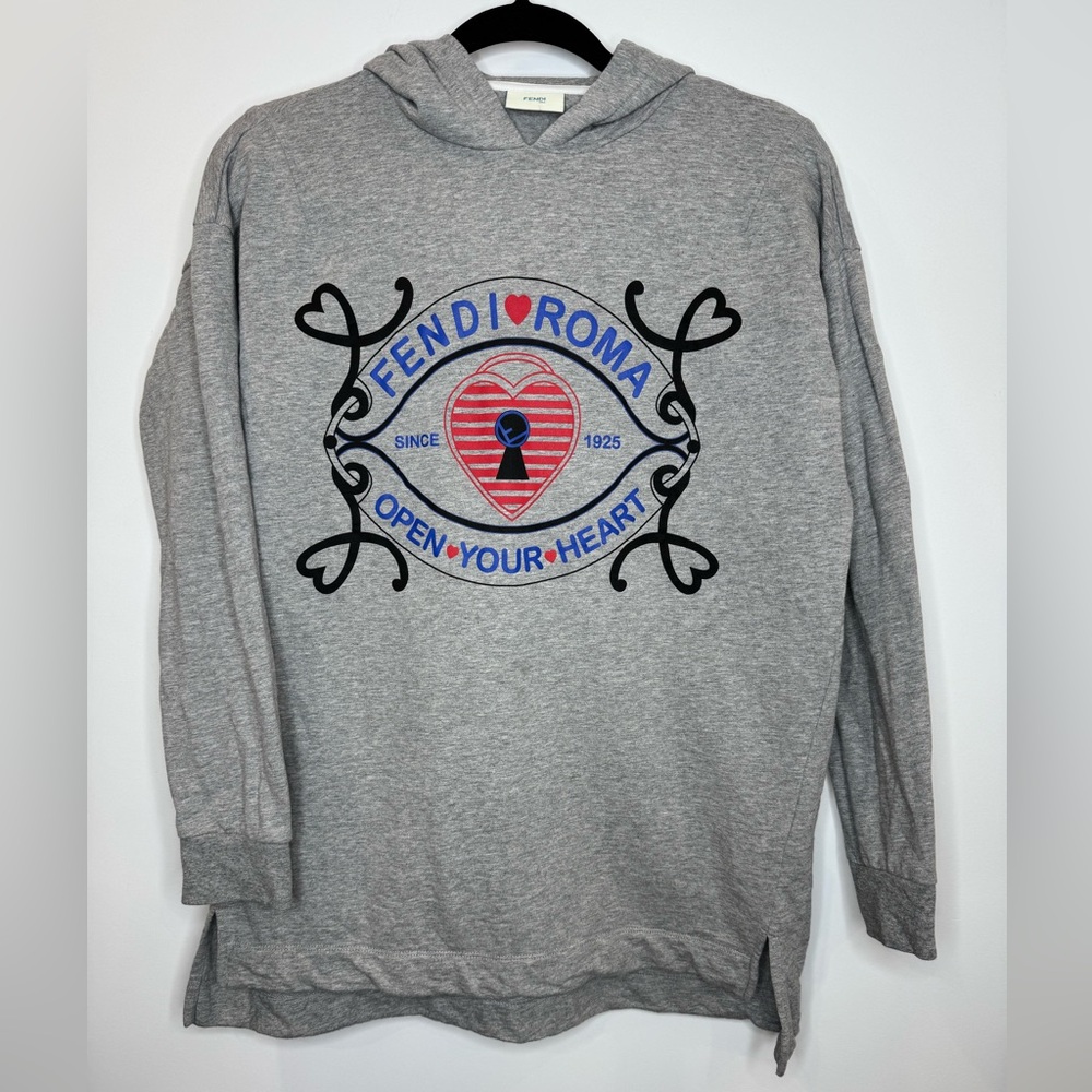 Fendi girls gray open your heart hooded sweatshirt logo size 10